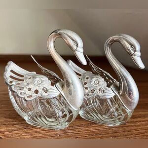 VTG Italian Lead Crystal Master Swan Salt Cellars - Pair Marked "B" - Heavy